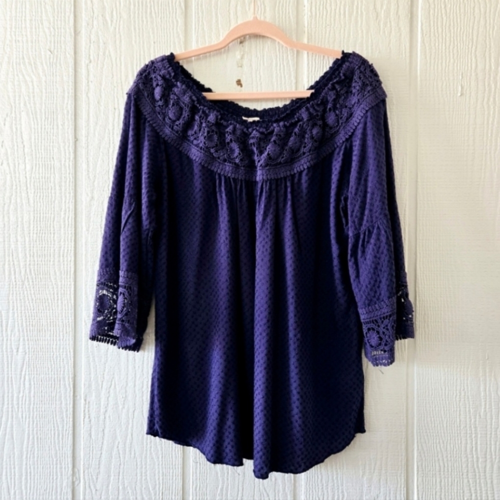 SOFT SURROUNDINGS Bathurst Swiss Dot Lace Off The Shoulder Peasant Purple Large